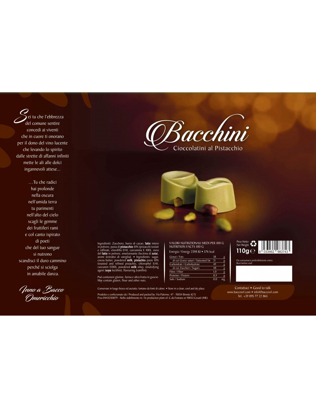 BACCHINI CIOCCOLATTINI DI PISTACCHIO 110 GR - PRALINE DI CIOCCOLATO